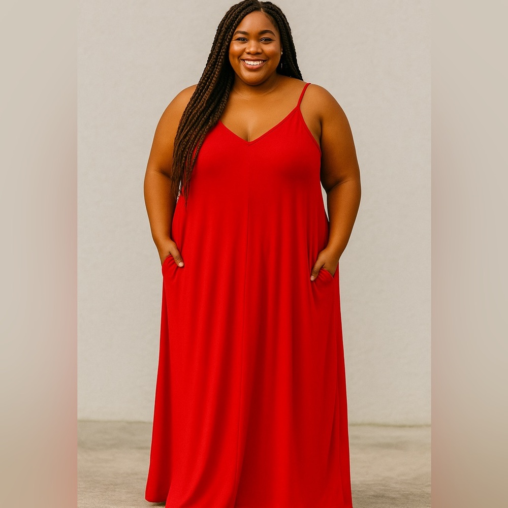 Plus Size V Neck Cami  Red Maxi Dress Size various